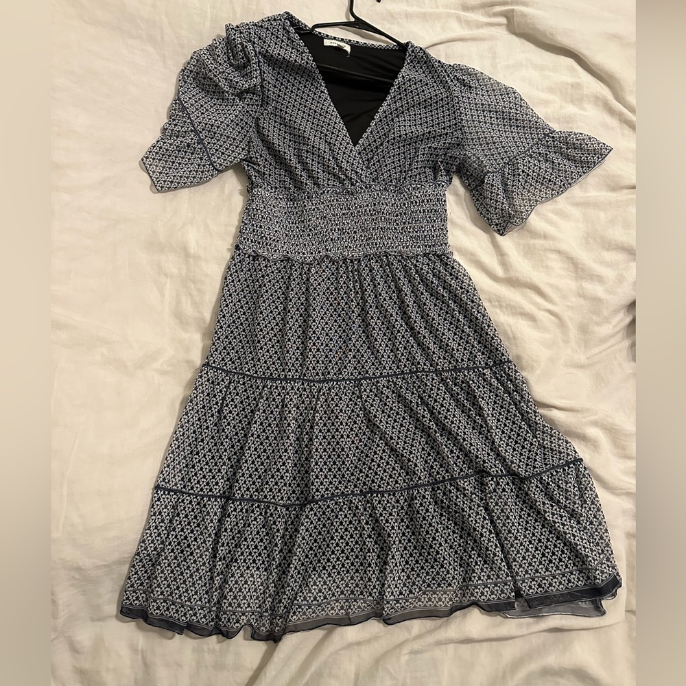 Knee Length Cinched Waist Blue & White Dress